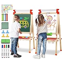 JOYOOSS Kids Wooden Easel with Paper Roll - Adjustable Magnetic Double Sided Drawing Board Whiteboard & Chalkboard Dry Easel Board, Children Art Easel for 3~12 Years Kids Boys Girls Painting Drawing