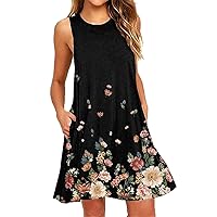 Dresses for Women 2024 Round Neck Floral Print Mini Dress Sleeveless Casual Loose Relaxed Fit Dress with Pocket