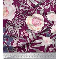 Soimoi Rayon Fabric Leaves & Denmark Rose Flower Print Fabric by Yard 56 Inch Wide