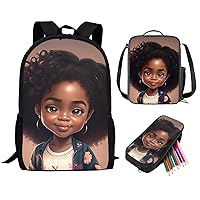 Kids Backpack with Lunch Bag Set Black Art Girl Afro School Bag for 2Nd/3Rd/4Th/5Th Grade,American Girl African Bookbag Elementary/Primary Kids Back Pack Bookbag
