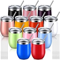 12 Pack Stainless Steel Stemless Wine Tumblers, 12 oz Double Layer Vacuum Wine Tumbler Cups with Lids and Straws, Stemless Insulated Wine Glasses for Coffee, Wine, Cocktails, Champaign, 12 Colors
