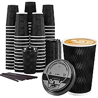 Lamosi 16oz Coffee Cups, Disposable Coffee Cups with Lids and Straws, To Go Coffee Cups, Paper Insulated Hot Coffee Cups for Home, Office and Cafe, Pack of 60 (Black 16OZ)