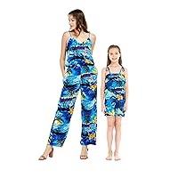 Matchable Hawaiian Luau Mother Daughter Women Strap V Jumpsuit or Girl Jumpsuit Romper in Sunset Blue