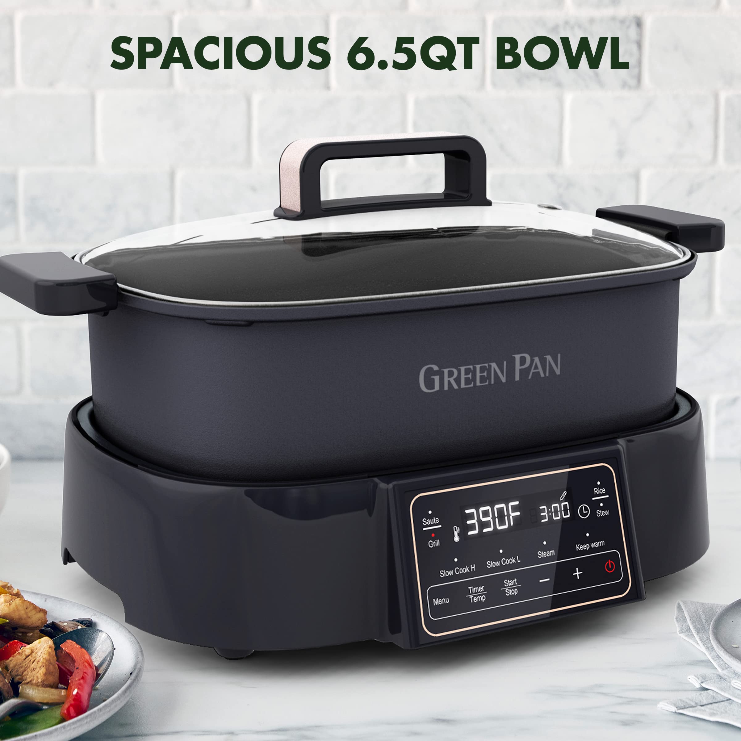 GreenPan 6.5QT Multi-Cooker Skillet Grill & Slow Cooker, 8-in-1 Presets to Saute,Steam, Grill, Stew,Slow Cook, Stir-Fry,Heat, & Cook Rice, Healthy Ceramic Nonstick & Dishwasher Safe Parts, Matte Black