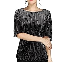 Long Sleeve Shirts for Women V Neck Zipper Womens Solid Elegant 1/2 Sleeve O Neck Sequins Shirt Blouse Tops Wo
