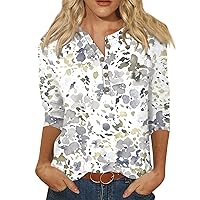 Casual 3/4 Sleeve Tops for Women Summer Button Down Printed Baggy Fit Shirts Fashion Going Out Tees Blouse