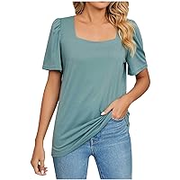 Square Neck Tops for Women Dressy Casual Summer Puff Short Sleeve T Shirts Loose Fit Tunic Tee Shirts Blouses for Leggings