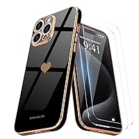 Teageo for iPhone 15 Pro Case with Screen Protector [2 Pack] Girl Women Cute Girly Love-Heart Luxury Gold Soft Cover Camera Protection Bumper Silicone Shockproof Phone Case for iPhone 15 Pro, Black
