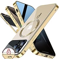 [Full Camera Protection& Mechanical Lock] Magnetic Privacy Case for iPhone 15 Pro[Compatible with MagSafe][CD Metal Ring] Full Body Shockproof Metal Bumper, 9H Anti Peeping Glass Cover-Gold