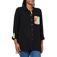 MULTIPLES Women's Plus Size Roll Tab Long Sleeve 3-Pocket Button Front High-Low Shirt