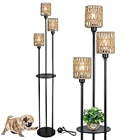 Boho Floor Lamp with Shelves, 3-Lights Farmhouse Tall Floor Lamp with ON/OFF Foot Switch, Rustic Standing Lamp with Rattan Shades for Living Room Bedroom Office