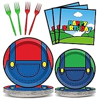 96 Pcs Super Brother Party Supplies Set Super Brother Plates Super Video Games Tablewear and Napkins Forks Super Bros Birthday Party Decorations for Kids Baby Shower Serves 24