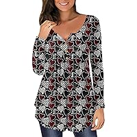 Blouses for Women Dressy Casual, Valentines Button Round Neck Pleated Tunic Tops Sweatshirts Heart Shirt for Women