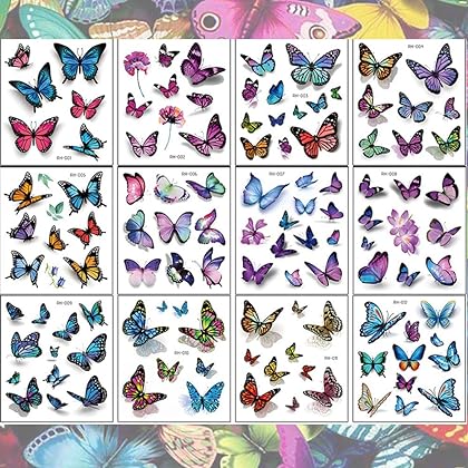 Ooopsi Butterfly Tattoos for Kids Womens - 110 Pcs 3D Tattoos, Colorful Body Art Temporary Tattoos, Butterfly Party Favors