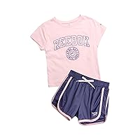 Reebok Girls' Active Shorts Set - 2 Piece Short Sleeve T-Shirt and Mesh Dolphin Gym Shorts - Summer Athletic Wear Set (7-12)