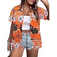Eytino Women Plus Size Hawaii Shirts V Neck Floral Tropical Printed Tops Summer Short Sleeve Front Button Up Shirts (1X-5X)