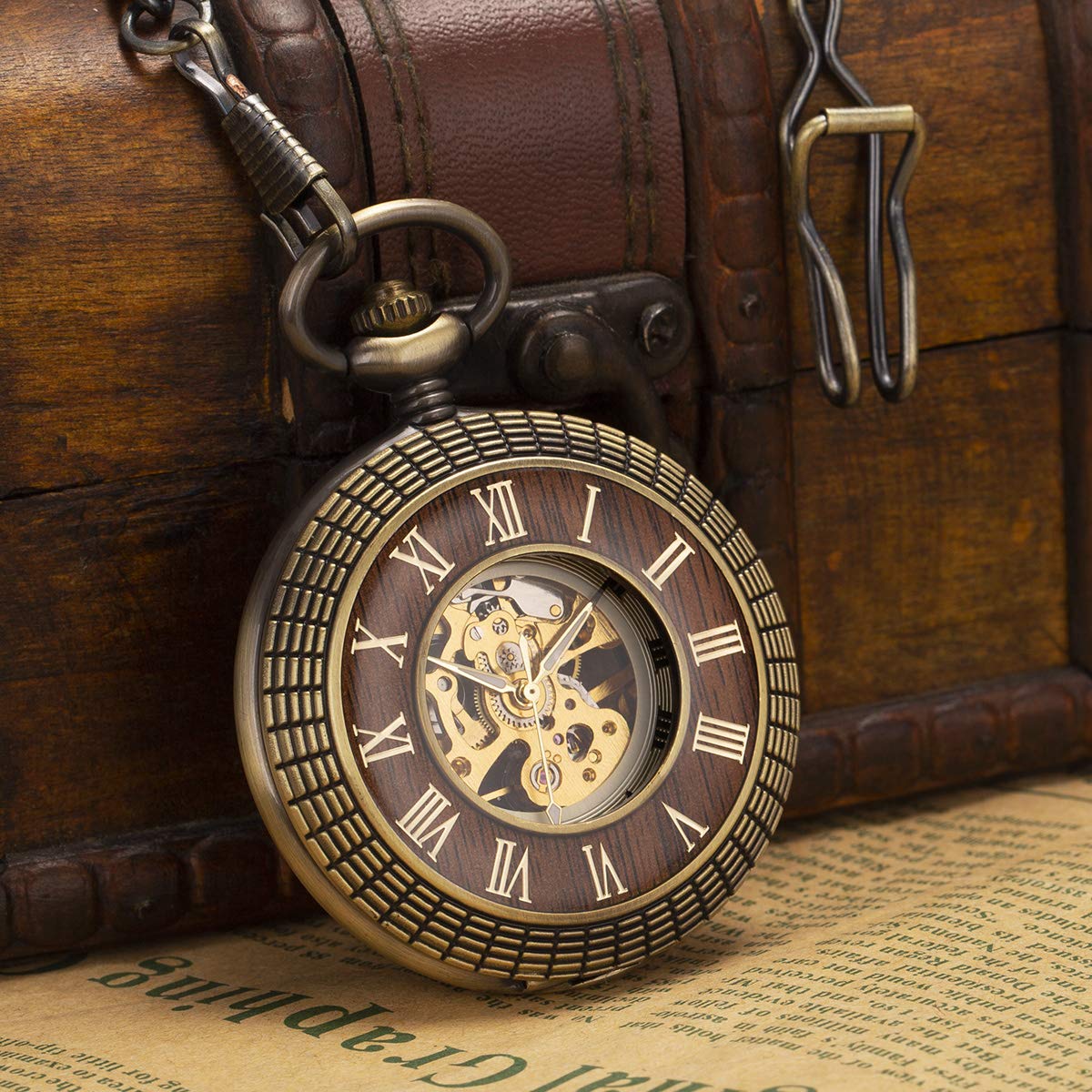 ManChDa Mens Pocket Watch Skeleton Mechanical Pocket Watch with Chain