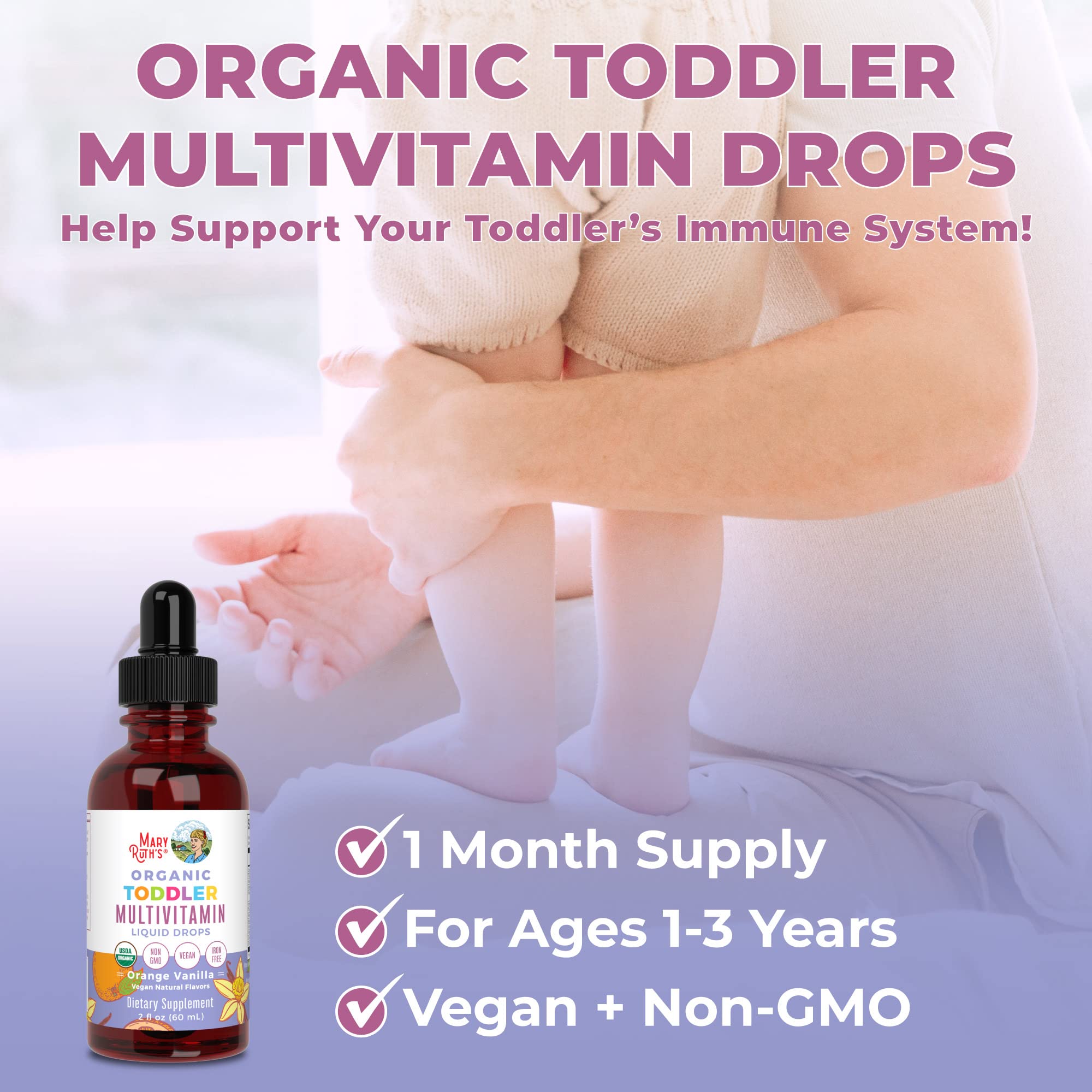 Multivitamin & Multimineral for Toddlers by MaryRuth's | USDA Organic | Sugar Free | Multivitamin Liquid Drops for Kids Ages 1-3 | Immune Support & Overall Wellness | Vegan | Non-GMO | 2 Fl Oz
