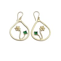 Square Shape Green Emerald Hydro Gold Plated Handmade Design Gemstone Brass Dangle Earrings