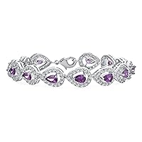 Bling Jewelry Bridal Cocktail Party Estate Vintage Style Statement Halo Teardrop AAA CZ Simulated Purple Amethyst Bracelet For Women Prom Weddings Silver Plated 7 Inch