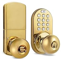 MiLocks TKK-02P Digital Door Knob Handle Lock with Electronic Keypad - Keyless Entry Smart Door Lock with Adjustable Latch Locks, Audible Tones for Interior Front Doors & More, Polished Brass