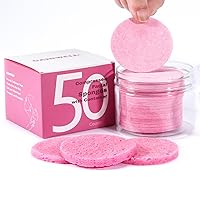 50-Count Compressed Facial Sponges for Daily Facial Cleansing and Exfoliating, 100％ Natural Cosmetic Spa Sponges for Makeup Remover with Storage Jar