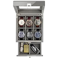 6 Slots Lacquered Finish Wooden Watch Box for Men, Men’s Watch Organizer with Glass Top, 2-Tier Display Case for Wristwatch Storage -Grey