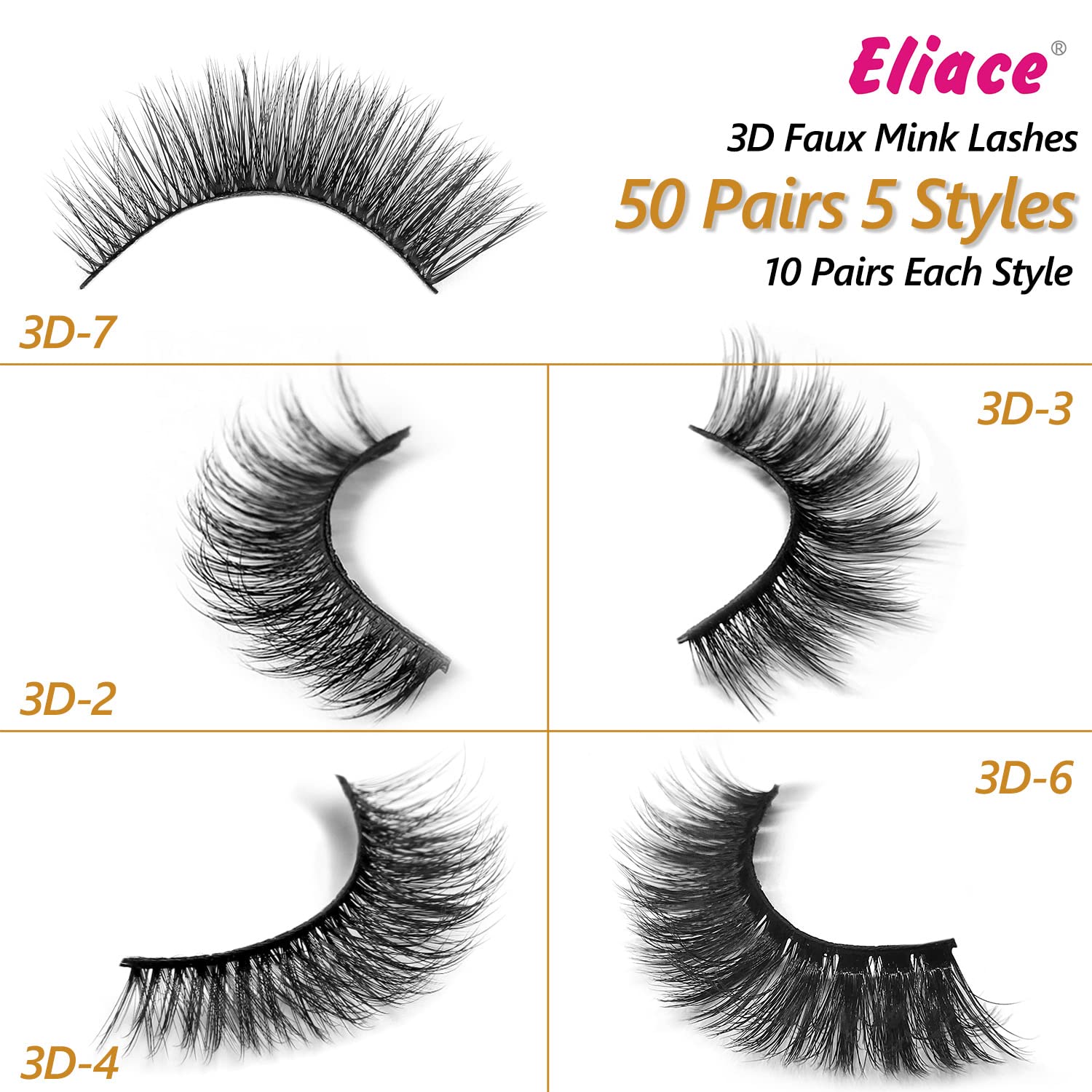 Eliace Eyelashes, 50 Pairs 5 Styles 3D Faux Mink Lashes Natural Look Wispy Fluffy Handmade Cat False Eyelashes Set Professional Fake Eyelashes Pack