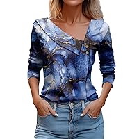 Women's Flannel Shirts Casual Fashion Printed Long Sleeve Lapel V Neck Button Pullover Top Blouses, S-3XL