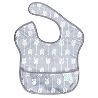 Bibs for Girl or Boy, SuperBib Baby and Toddler for 6-24 Mos, Essential Must Have for Eating, Feeding, Baby Led Weaning Supplies, Mess Saving Catch Food, Waterproof Soft Fabric, Gray Arrows
