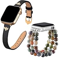 JR.DM 2 Pack Slim Leather and Natural Stone Beaded Bands Compatible with Apple Watch Series 9 8 7 6 5 4 3 2 1, Fashion Dressy Watch Bands for iWatch 38/40/41mm Women Gift
