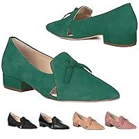 MOOMMO Women Low Chunky Block Heel Suede Pumps Bow Pointed Cloased Toe Slip On Loafers Block Heel Penny Loafers Ladies Cutout Office Work Oxfords Shoes Dressy Vintage Fall Daily Comofort 4-11 M US