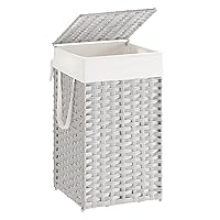 SONGMICS Laundry Hamper with Lid, 17.2 Gallon (65L) Synthetic Rattan Clothes Laundry Basket with Lid and Handles, Foldable, Removable Liner, White ULCB165W01