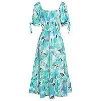 Ladies Casual Sexy V Neck Printed Waist Retracting Bubble Sleeve Dress Womens Summer Dresses for Beach