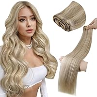 LaaVoo Weft Hair Extensions Human Hair Blonde Highlights 100G 22 Inch Blonde Hair Extensions Sew in #16/22 Hand Tied Human Hair Weft Extensions Silky Straight