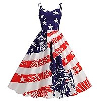 Women 1950s Retro Swing Cami Empire Waist Dress Summer American Flag Spaghetti Strap Elegant Midi Cocktail Dresses