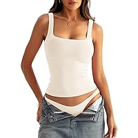 Women Square Neck Tank Tops with Shelf Bras Seamless Sleeveless Fitted Shirts Beige Small