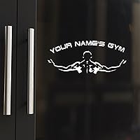 Front Door Vinyl Decal Gym Fitness with Personalized Name and Athletic Man with Hands Spread Wide - Custom Business with Gyms Name - Customized Gym Decal