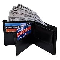 Trifold Bifold Mens Leather Wallet with Coin Pocket & Center Flip ID-black