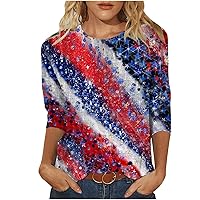 4th of July Shirt for Women 3/4 Sleeve Patriotic T-Shirt Flag Print Tops Crew Neck Cozy Pullover Tee Casual Blouses