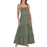 ANRABESS Women's Summer Casual Long Maxi Beach Vacation Dresses Sleeveless Square Neck Flowy Tiered Sun Dress with Pockets