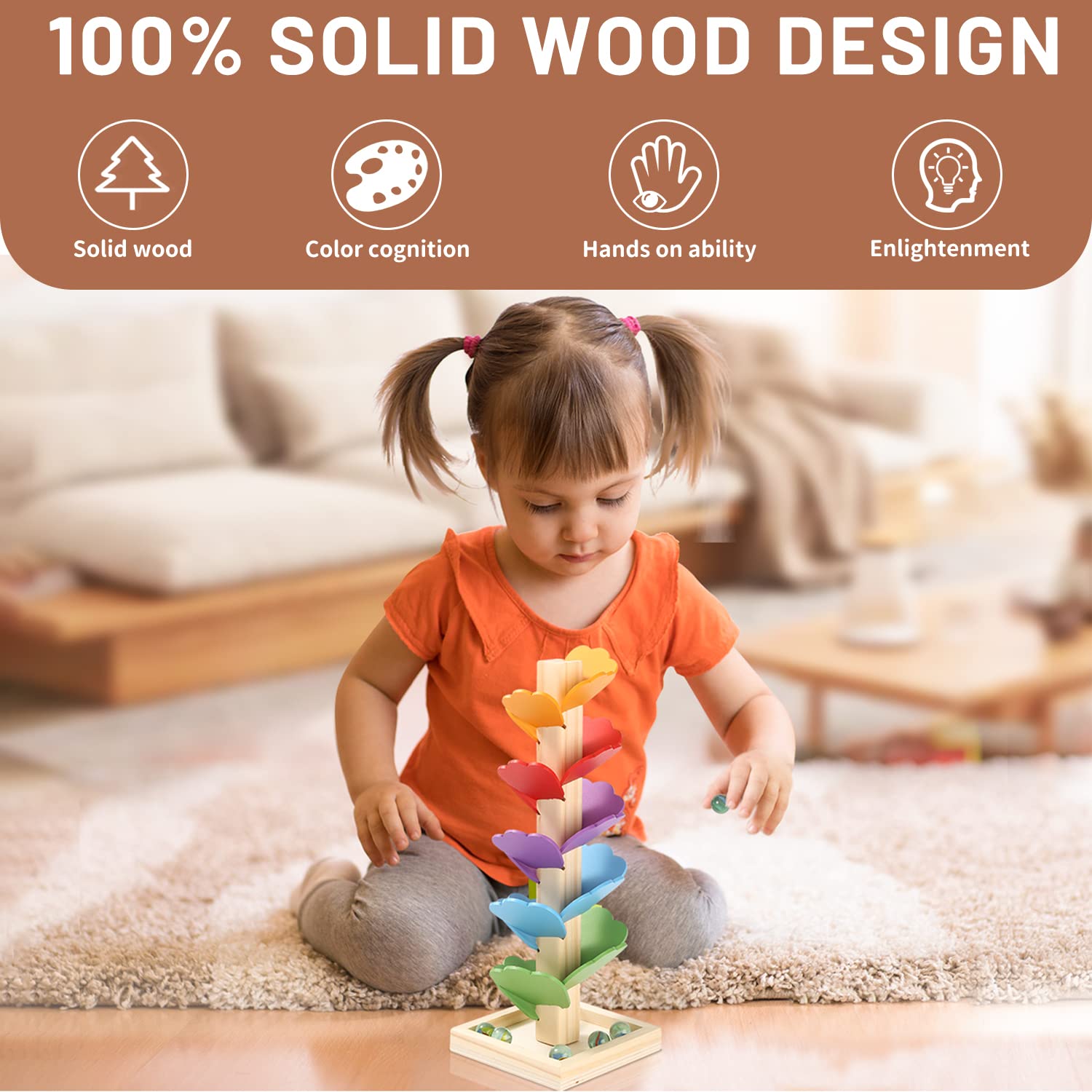 Wooden Music Tree Toy for Kids, Wood Marble Run Marble Track Game for Toddlers, Ball Drop Toy Ball Tower Montessori Educational Toy Boy Girl Valentines Gifts, Race and Chase Rainbow Musical Tree Kit