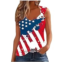 4th of July O-Ring Strape Tank Tops Women American Flag Star Stripe Shirts Sexy V Neck Sleeveless Patriotic Tees