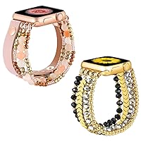 fastgo Leather Leopard Band & Beaded Crystal Band Compatible with Apple Watch 38mm/40mm/41mmWomen Girls for Iwatch Series SE & 7 6 5 4 3 2 1(Pink+Gold, 38mm/40,mm/41mm)