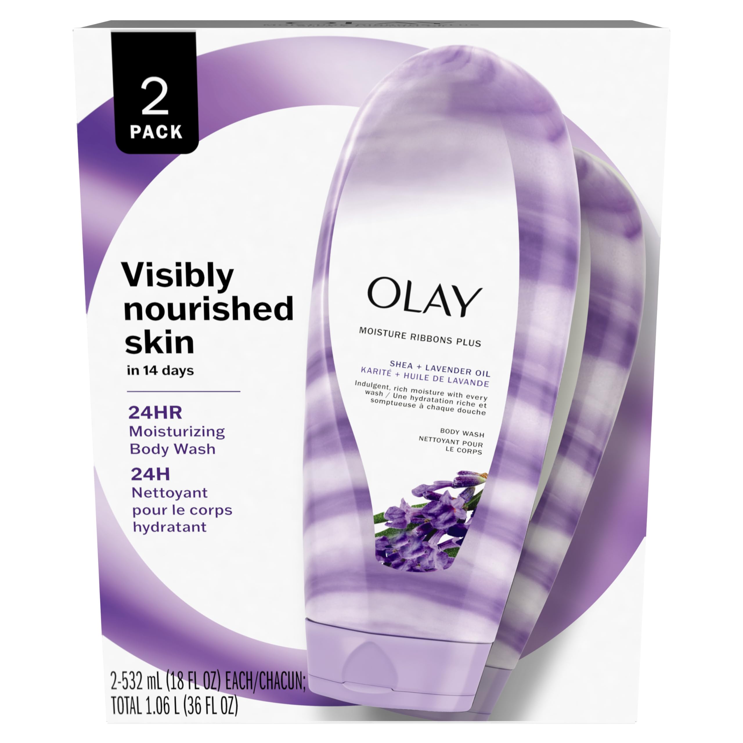 Olay Moisture Ribbons Plus Shea + Lavender Oil Body Wash, 18 oz, (Pack of 2)