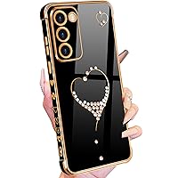 Petitian for Samsung Galaxy S23 Case, Cute Women Girls Bling Glitter Heart Designed Phone Cases for Galaxy S23, Girly Gold Plating Phone Cover for Samsung S23 Black