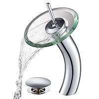 Kraus KGW-1700-PU-10CH-CL Single Lever Vessel Glass Waterfall Bathroom Faucet Chrome with Clear Glass Disk and Matching Pop Up Drain, Small
