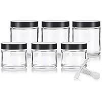 JUVITUS Clear Thick Glass Jar with Black Smooth Lid (6 Pack) 2 oz and 4 oz + Spatulas