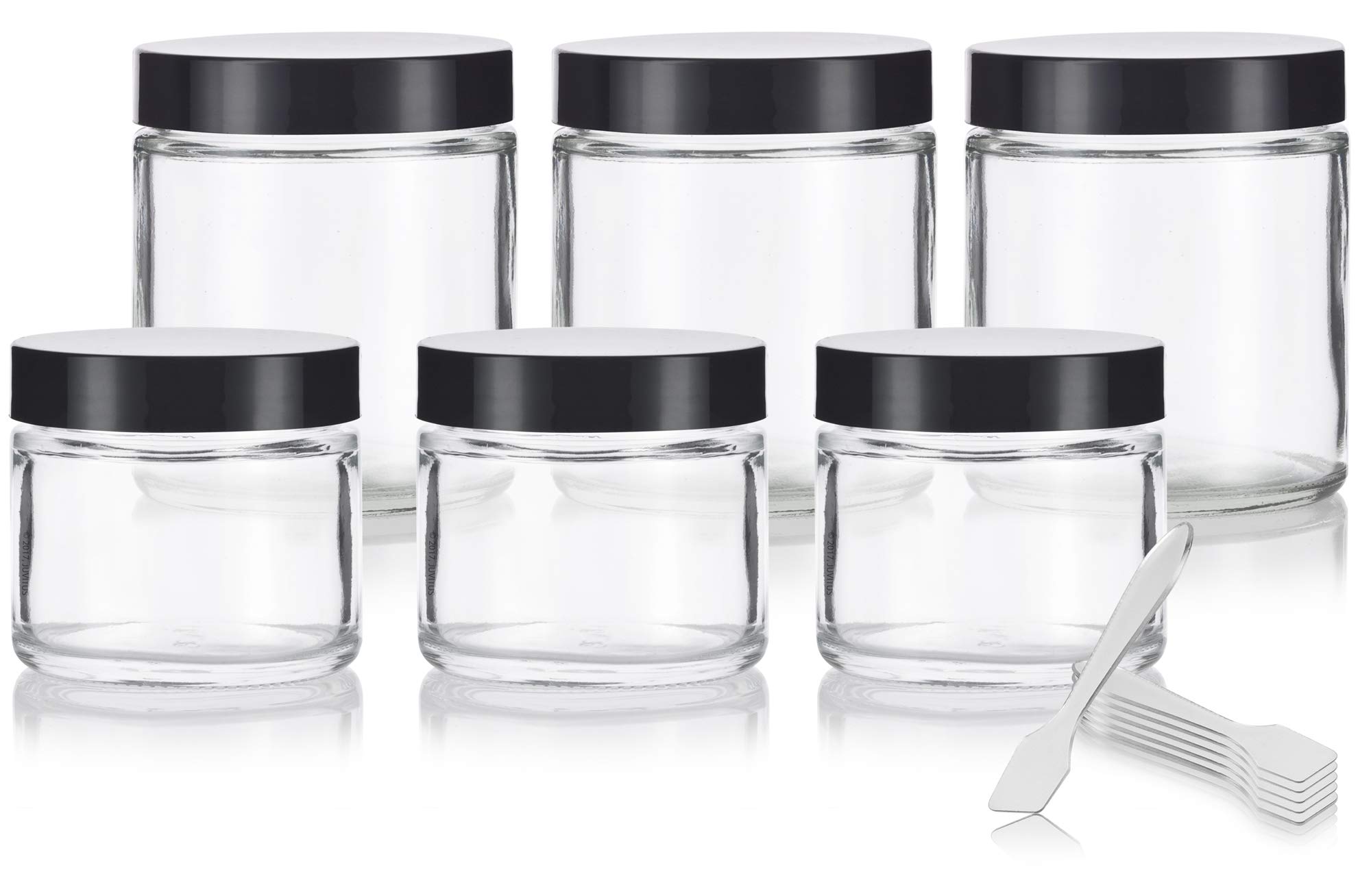 JUVITUS Clear Thick Glass Straight Sided Jar Set (6 Pack) 3-2 oz / 60 ml and 3-4 oz/ 120 ml + Spatulas