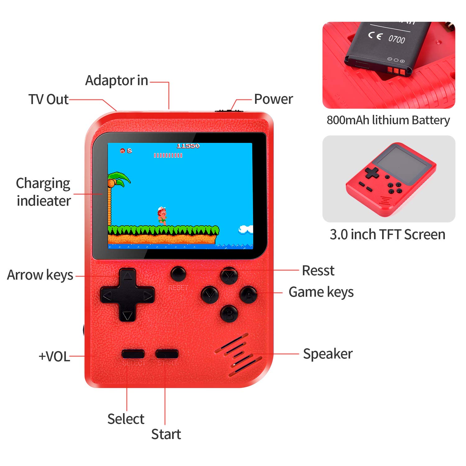 Yneze Handheld Game Console, Retro Game Console with 400 Classical Handheld Games, Portable Game Console with 800 mAh Rechargeable Battery, Supports 2 Players and TV Connecting